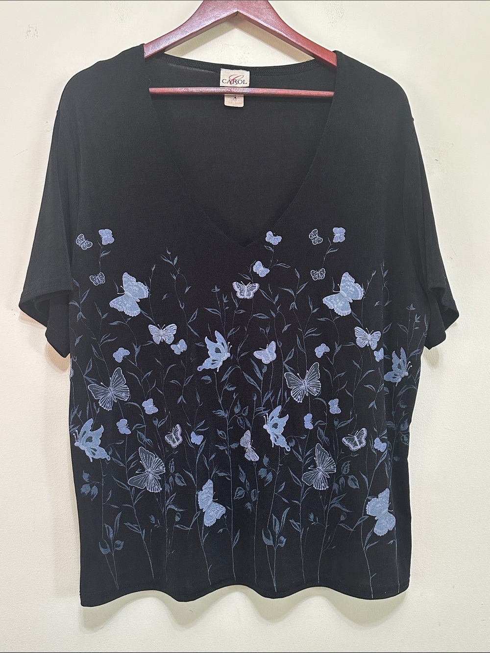 Black V‑Neck Short Sleeve Tee with Blue Butterfly Print